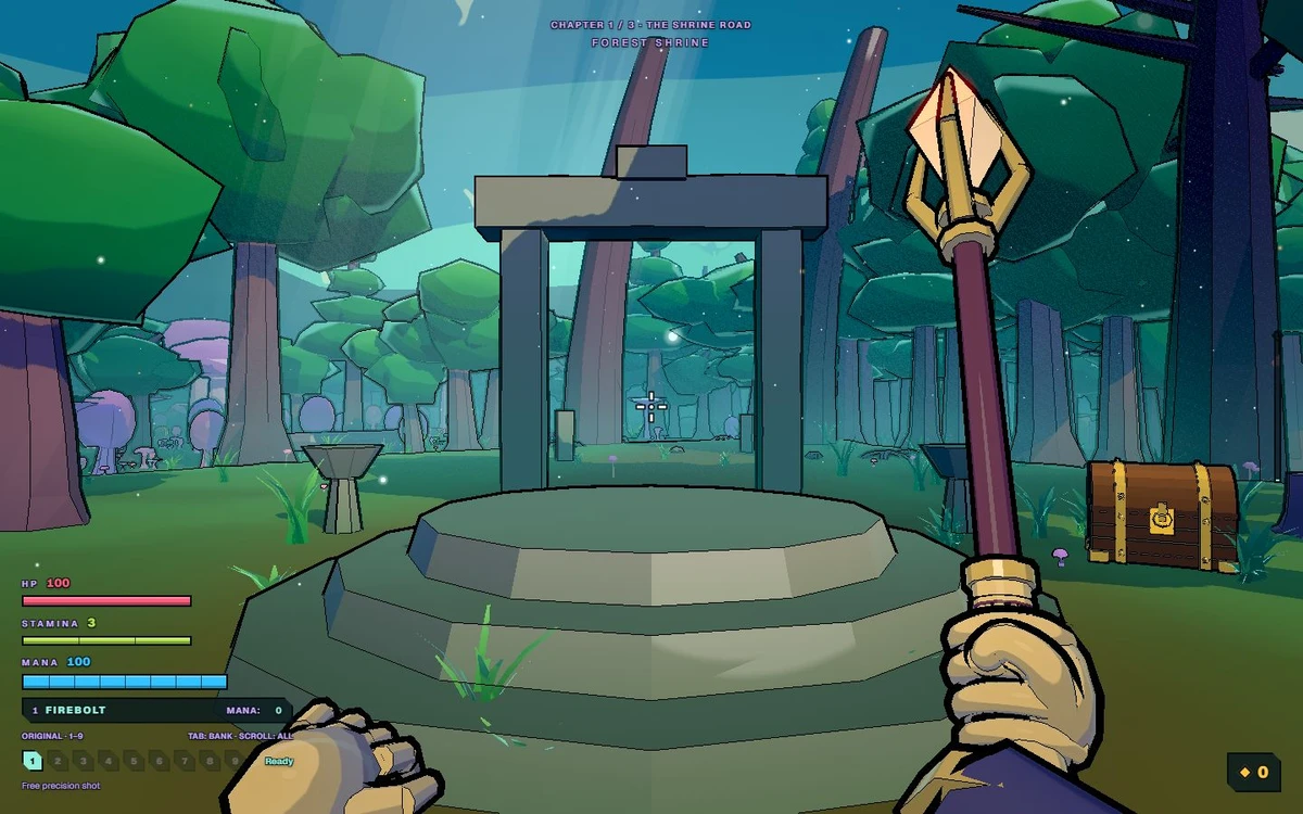 Left to Wizard gameplay: a first-person wizard holding a staff in a bright, stylized forest.