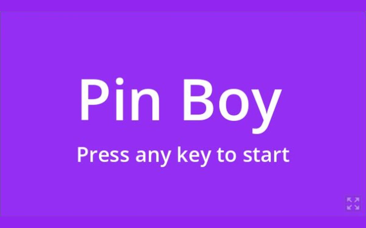 Pin Boy’s purple title screen with its invitation to start the game.