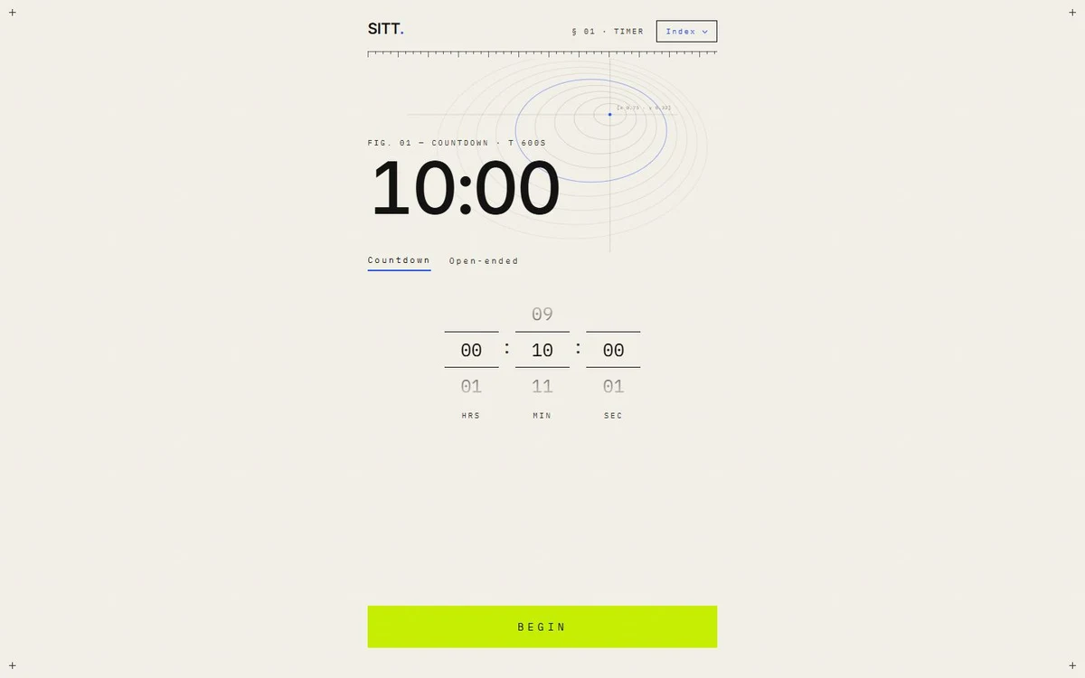 SITT meditation timer showing a ten-minute countdown with simple time controls.